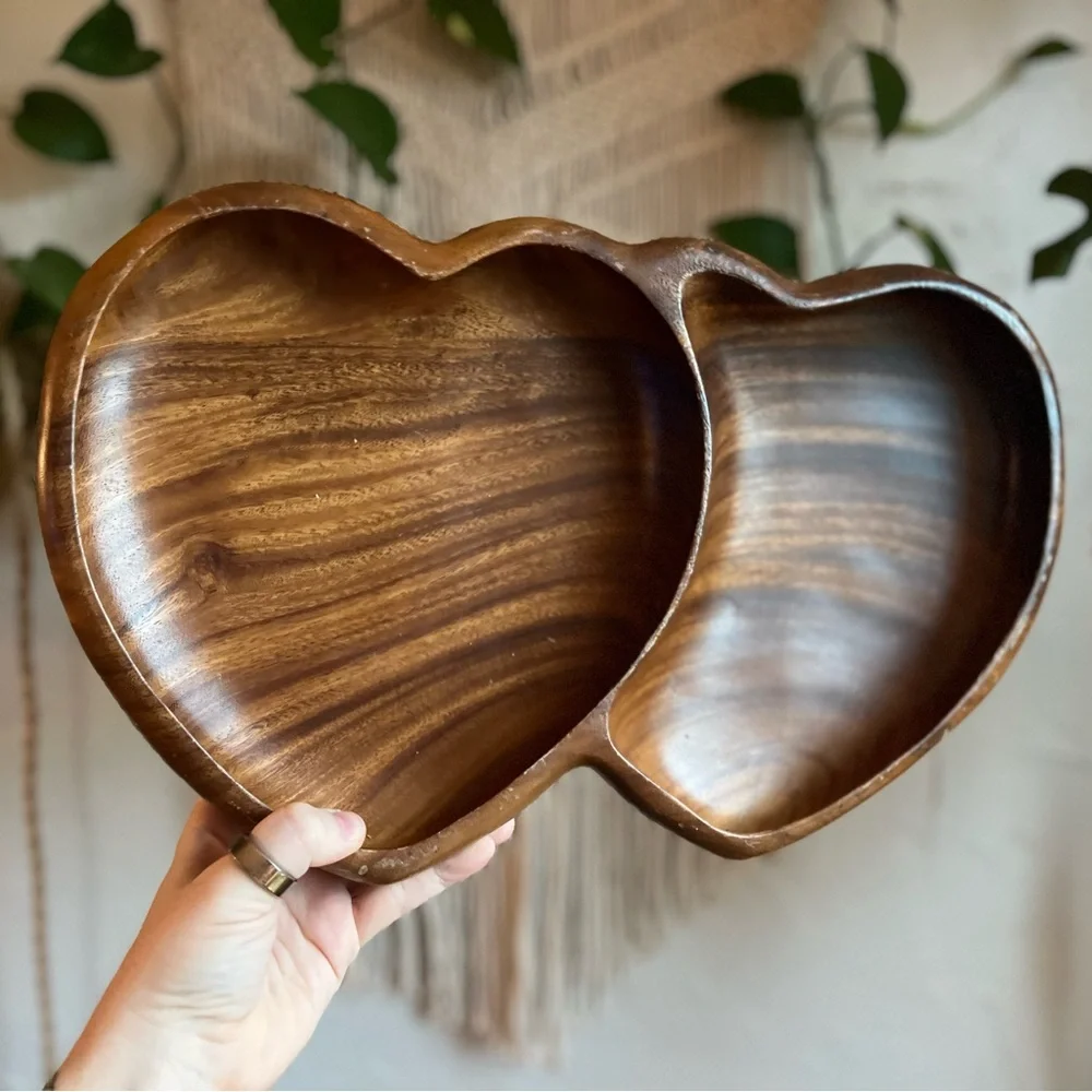 Vintage Monkeypod Double Heart Bowl Hand-Carved Wood Serving Tray MCM Dish Boho